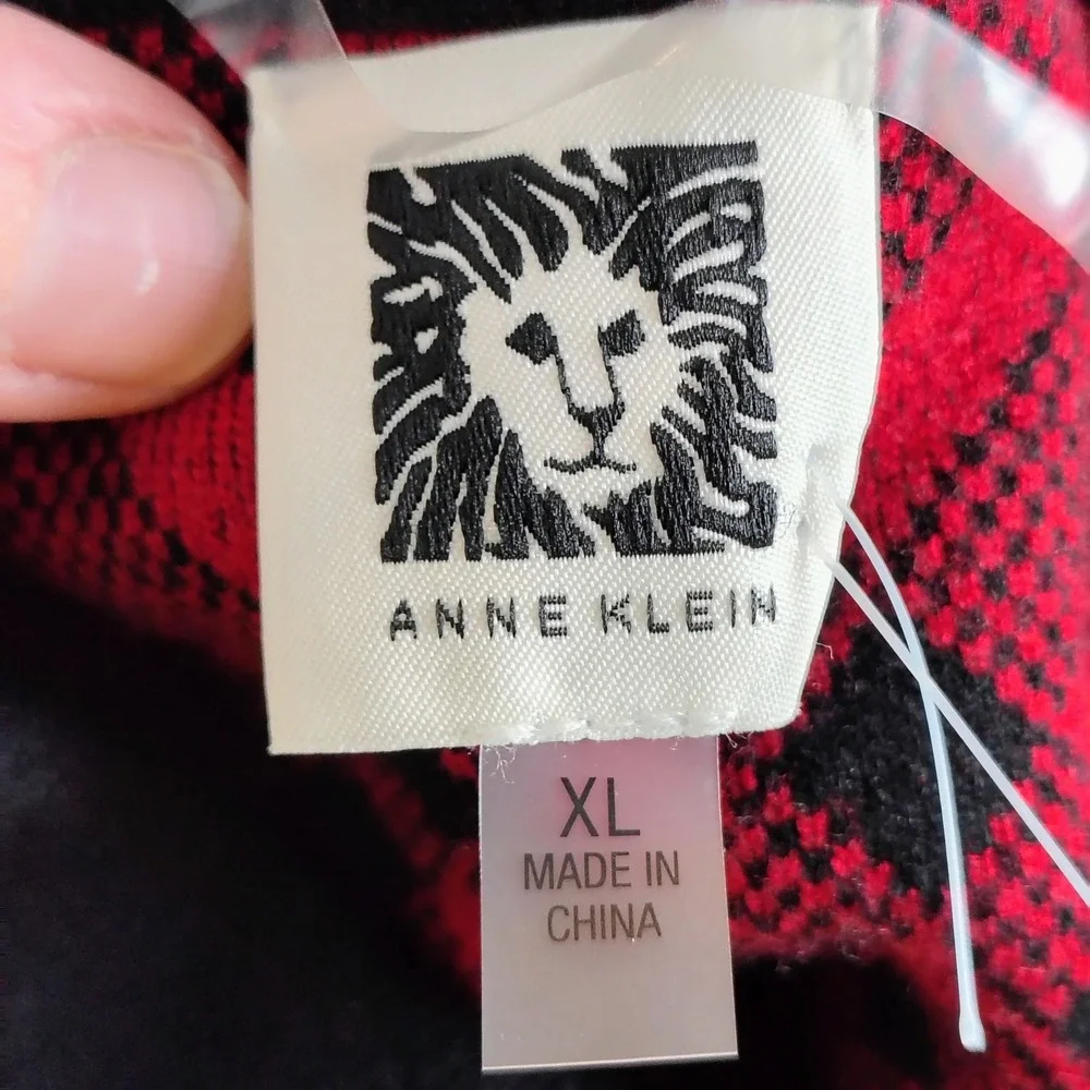Anne‎ Klein Red Black Plaid Zip Front Cardigan Sweater XL Heavyweight Soft NEW